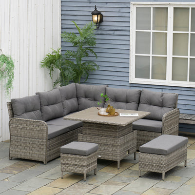 Outsunny 6 Pieces Outdoor PE Rattan Garden Furniture, Patio Wicker Sectional Conversation Corner Sofa w/ Soft Padded Cushion & Liftable Coffee Table, Grey 