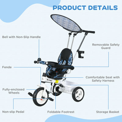 HOMCOM 6 in 1 Tricycle for Kids with 5-point harness straps, Removable Canopy, Blue 