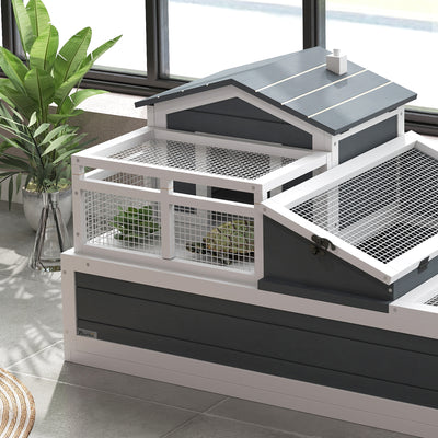 PawHut Tortoise House 3-Room with 2 Stories, Ladder, Balcony, Tray, Openable Roof, 59H x 112L x 65Wcm, Grey 