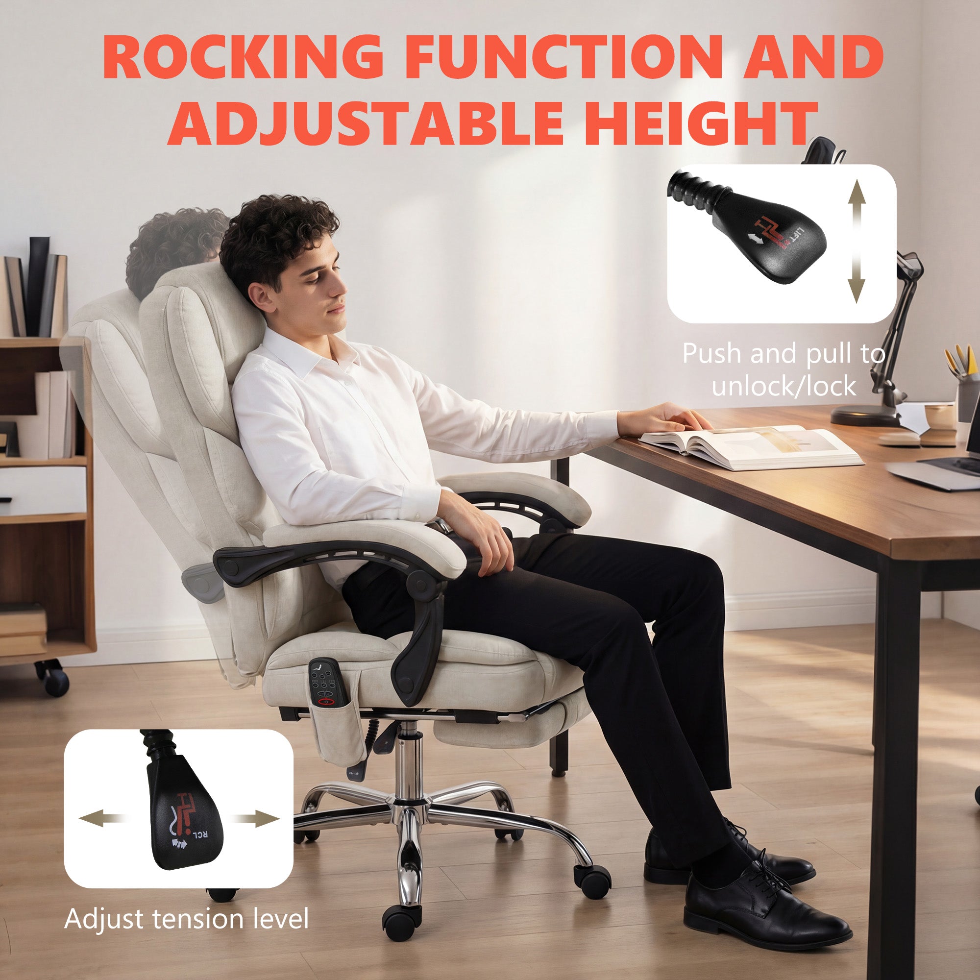 HOMCOM Office Chair with 6-point Vibration Massage and Heat, Fabric Desk Chair with Footrest, High Back, Cream White 