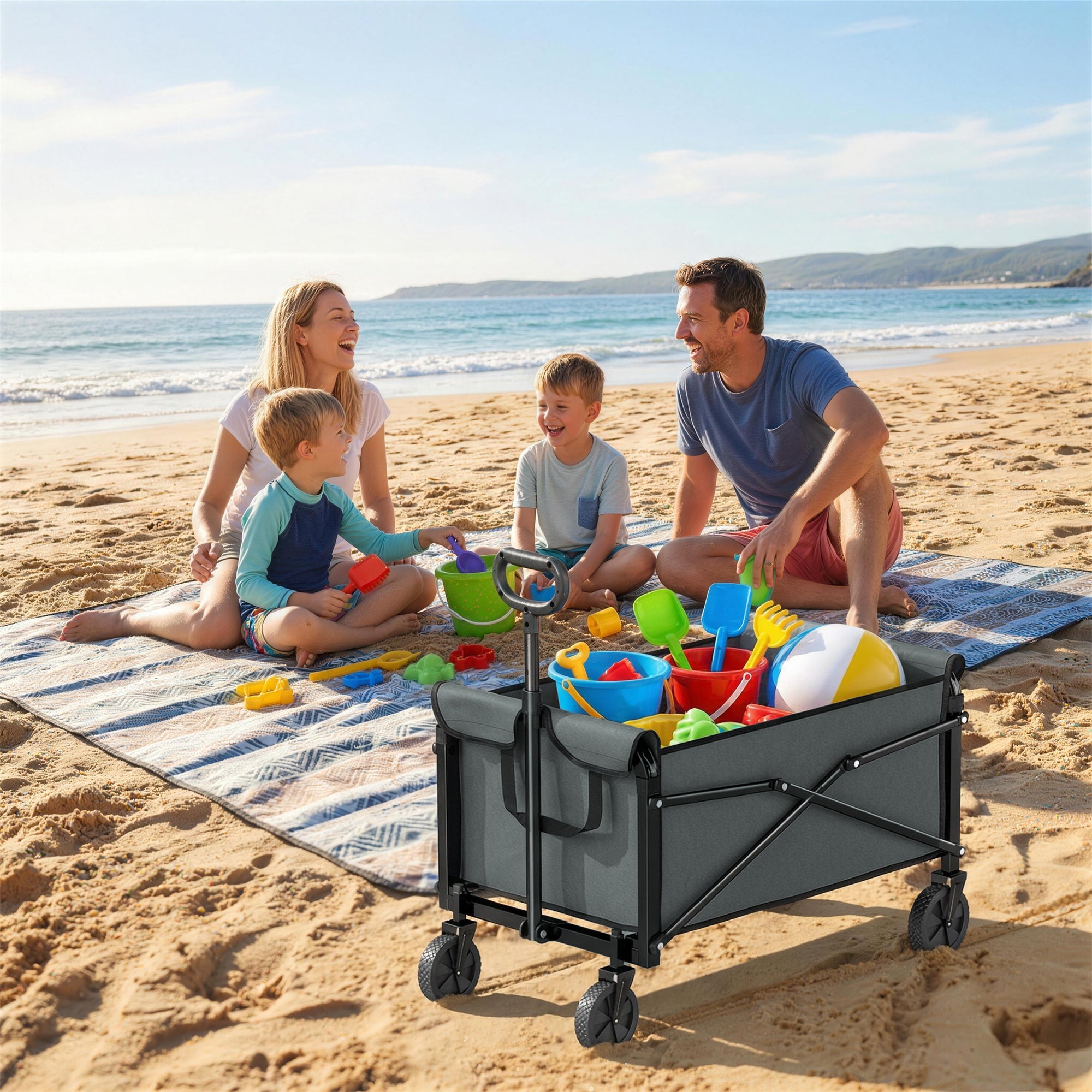 Outsunny 81L Festival Trolley on Wheels, Compact Garden Folding Trolley Cart with Adjustable Handle 80L, Grey 