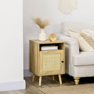 HOMCOM Bedside Table with Rattan Element, Side End Table with Shelf and Cupboard, 39cmx35cmx60cm, Natural 