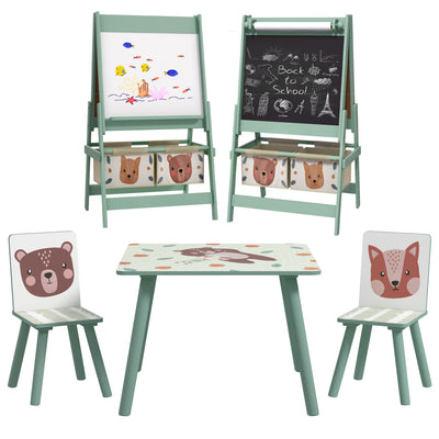 ZONEKIZ Kids Table and Chair Set and Kids Easel with Paper Roll, Storage Baskets, Kids Activity Furniture Set, Green 