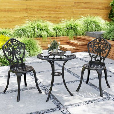 Outsunny 3 Piece Cast Aluminium Garden Bistro Set for 2 with Parasol Hole, Outdoor Coffee Table Set, Two Armless Chairs and Round Coffee Table for Balcony, Patio, Black 
