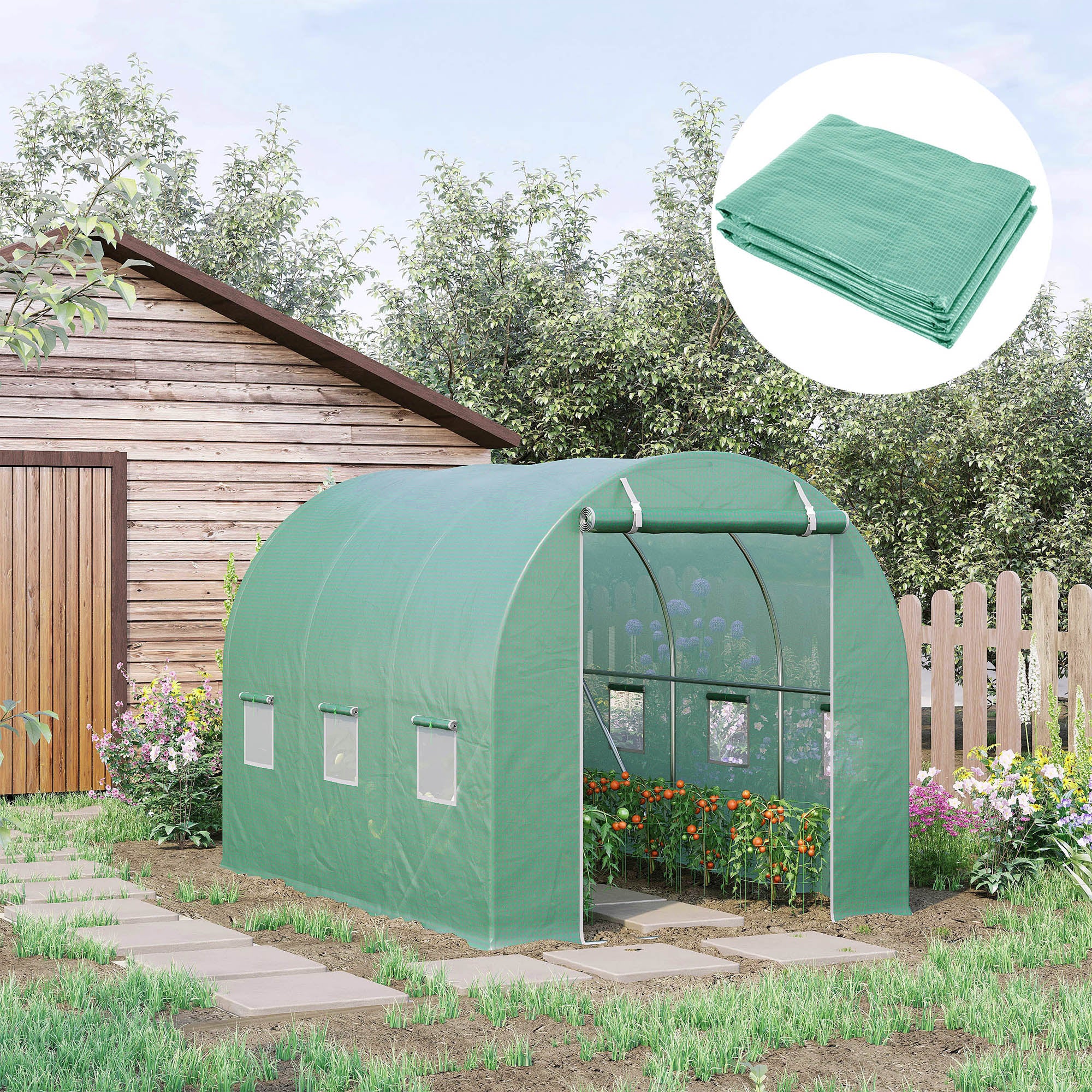 Outsunny 3 x 2 x 2m Greenhouse Replacement Cover ONLY Winter Garden Plant PE Cover for Tunnel Walk-in Greenhouse with Roll-up Windows Door Outdoor, Green 