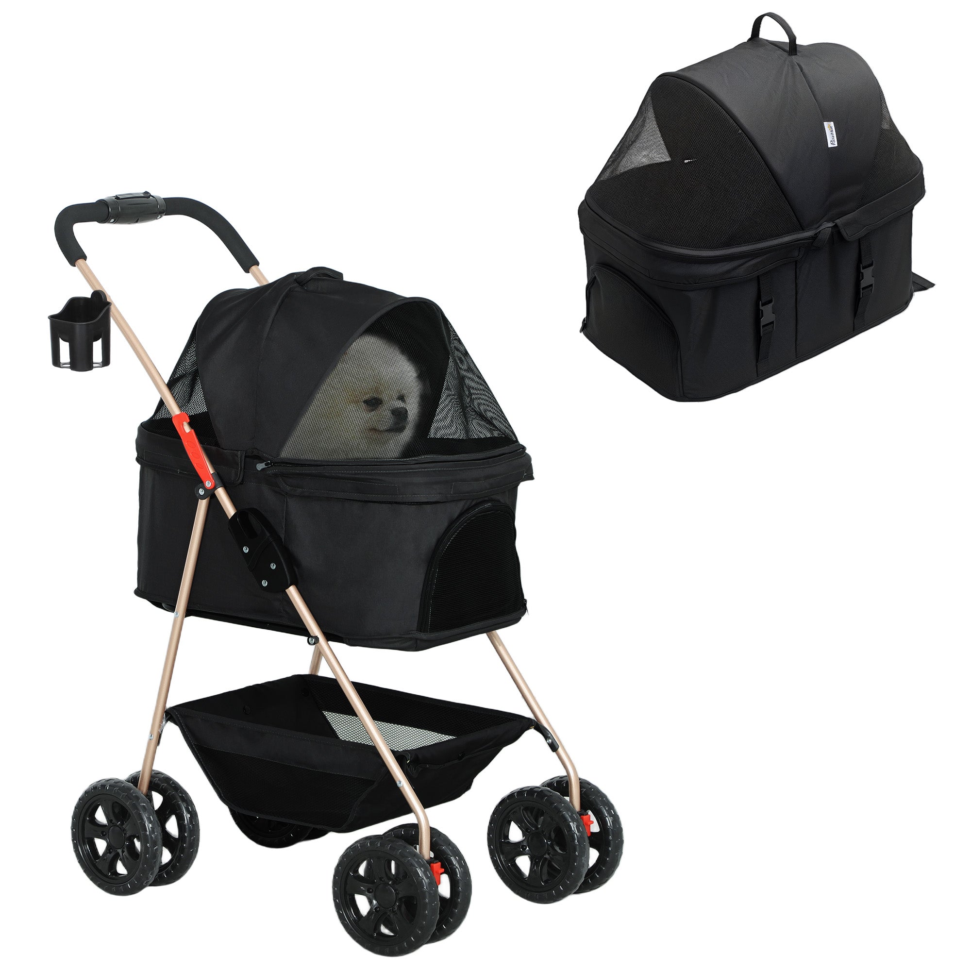PawHut 3 in 1 Pet Stroller, Folding 4 Wheels Dog Pram with Detachable Carrier for Mini Dogs Cats, Black 