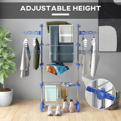 HOMCOM Four-Shelf Collapsing Clothes Horse, With Side Arms and Wheels - Blue 