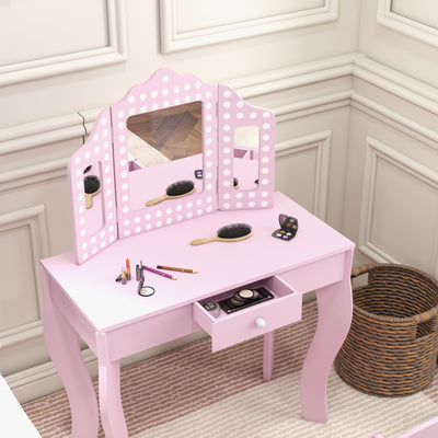 AIYAPLAY Kids Dressing Table Sets with Stool and Tri-Fold Mirror, Drawer for Playroom, Bedroom - Pink 