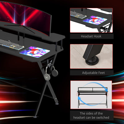 HOMCOM Gaming Desk Writing Racing Computer Table Workstation with Headphone Hook Curved Front Adjustable Feet for Home Office Use 140 x 60cm 