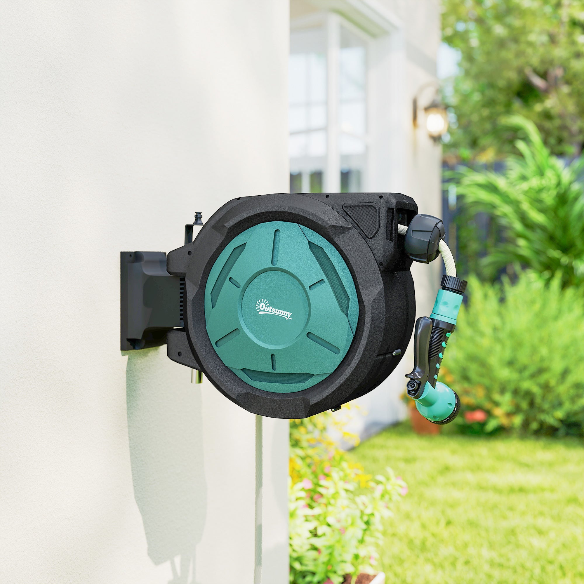 Outsunny Retractable Hose Reel Wall Mounted, 20+2m Garden Hose Pipe Reel with Lock, Auto Rewind, 7 in 1 Spray Nozzle, Includes Wall Fixings, 180° Swivel, Outdoor Watering, 54 x 20 x 39 cm, Black 