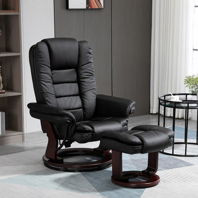 HOMCOM Manual Recliner and Footrest Set PU Leather Leisure Lounge Chair Armchair with Swivel Wood Base, Black 