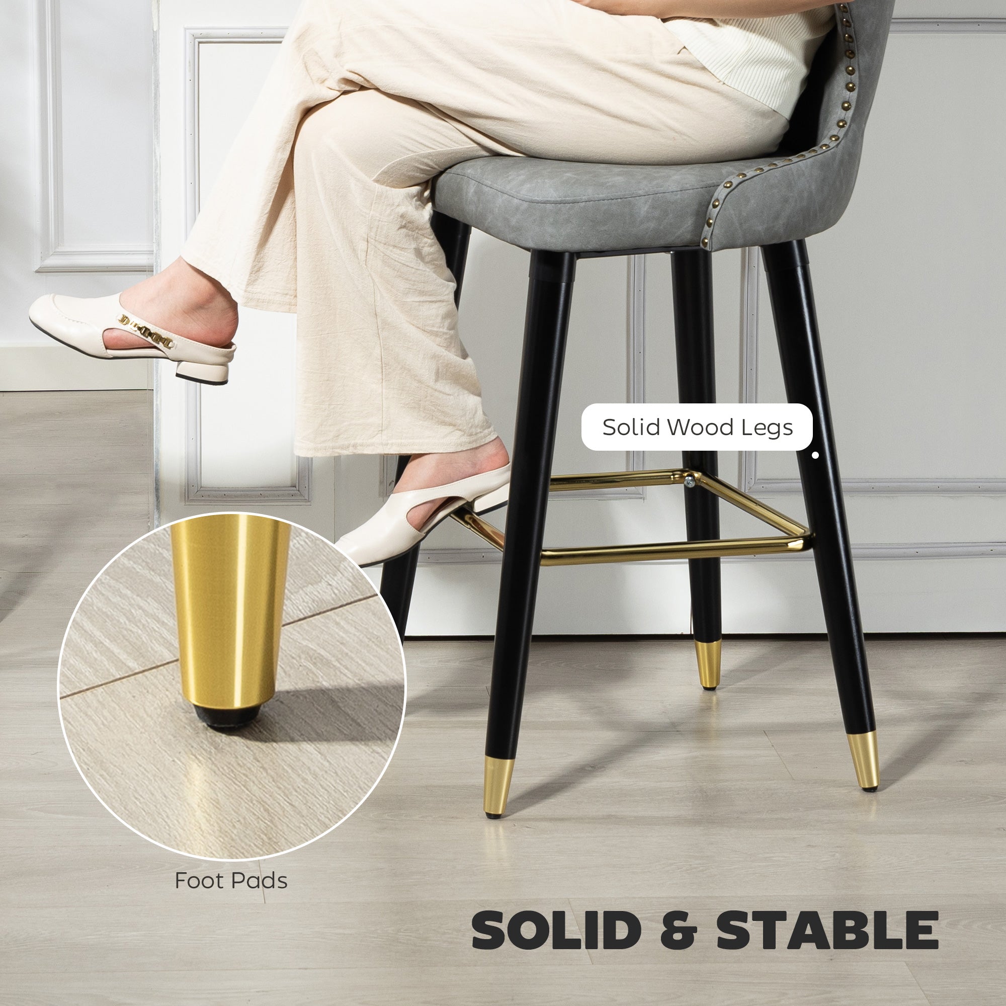 HOMCOM Bar Stools Set of 2, PU Leather Barstools with Back, Footrest and Wood Legs for Kitchen, Counter, Breakfast Bar, Grey 