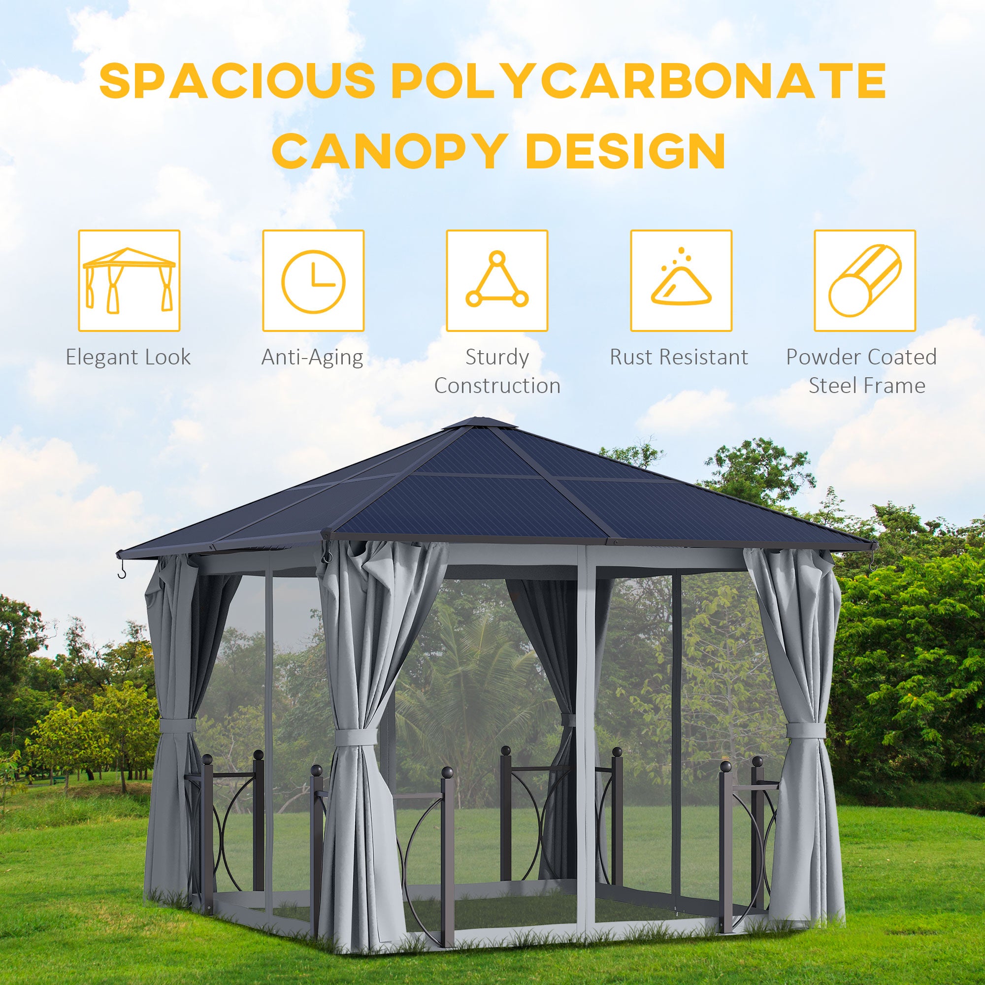 Outsunny 3 x 3(m) Hardtop Gazebo Canopy with Polycarbonate Roof, Steel & Aluminium Frame, Garden Pavilion with Mosquito Netting and Curtains, Black 