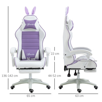 Vinsetto Racing Gaming Chair, Reclining PU Leather Computer Chair with Removable Rabbit Ears, Footrest, Headrest and Lumber Support, Purple 
