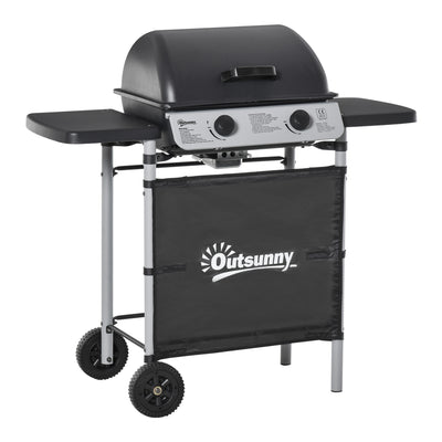 Outsunny 2 Burner Gas BBQ Trolley with Lid, 5.6 kW Gas Barbecue Grill with Wheels, Side Shelves, Grey 