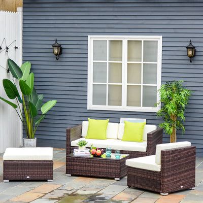 Outsunny 4-Seater Rattan Sofa Set Garden Outdoor Sectional Sofa Coffee Table Combo Patio Furniture-Brown 