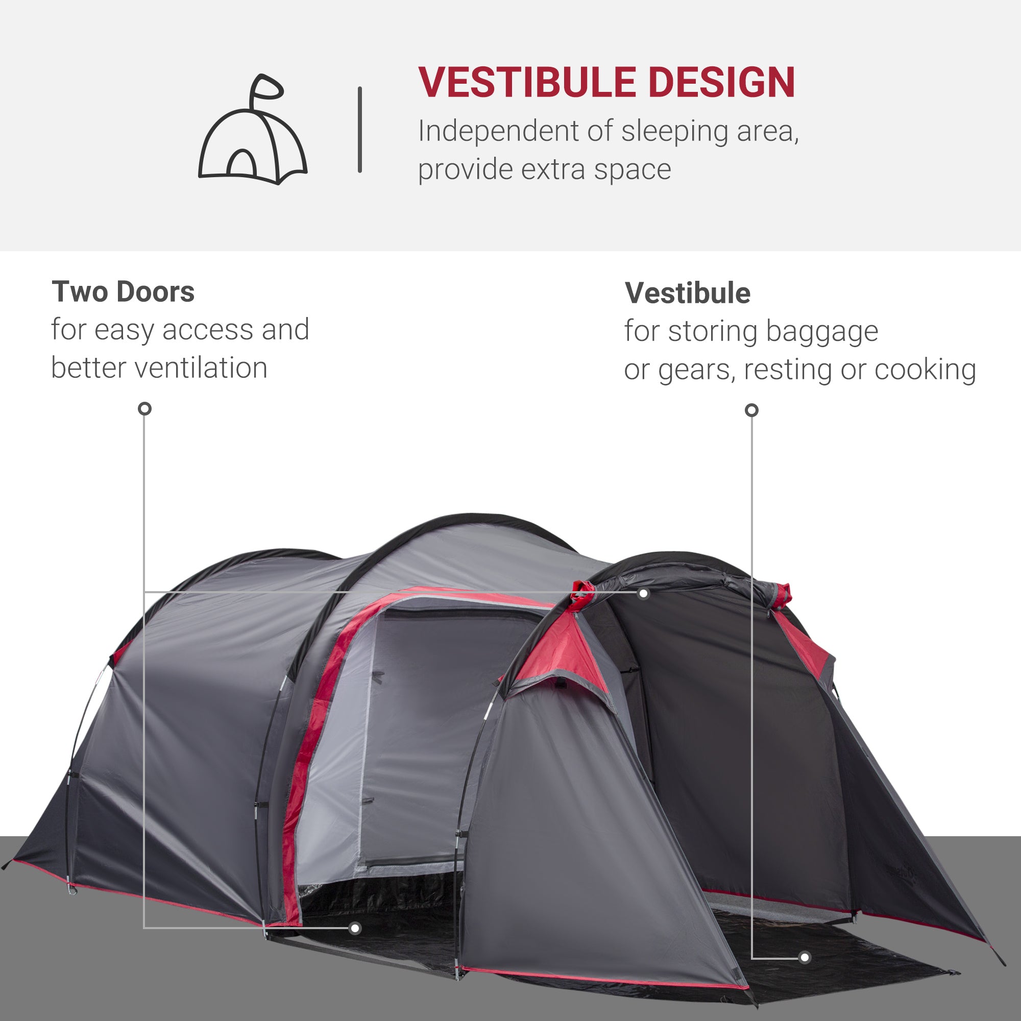 Outsunny 2-3 Person Tunnel Tent with Sewn-in Groundsheet, Air Vents, Rainfly, 2000mm Water Column, Camping Tent with 1 Bedroom, Inbuilt Porch, Living Area for Camping, Hiking, Grey 