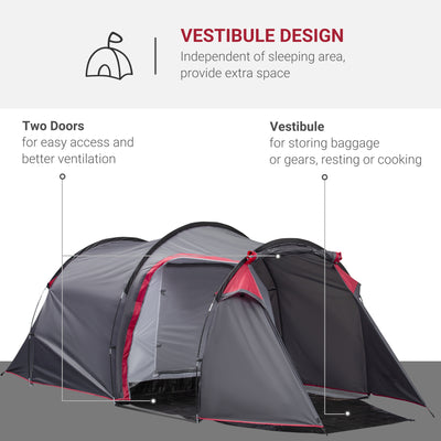 Outsunny 2-3 Person Tunnel Tent with Sewn-in Groundsheet, Air Vents, Rainfly, 2000mm Water Column, Camping Tent with 1 Bedroom, Inbuilt Porch, Living Area for Camping, Hiking, Grey 