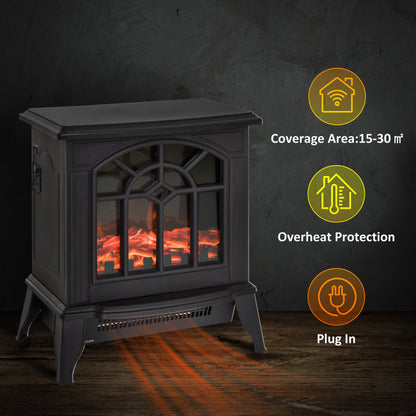 HOMCOM 1000W/2000W Freestanding Electrical Fireplace Indoor Heater Stove Log Wood LED Burning Effect Flame with Thermostat Control Black 