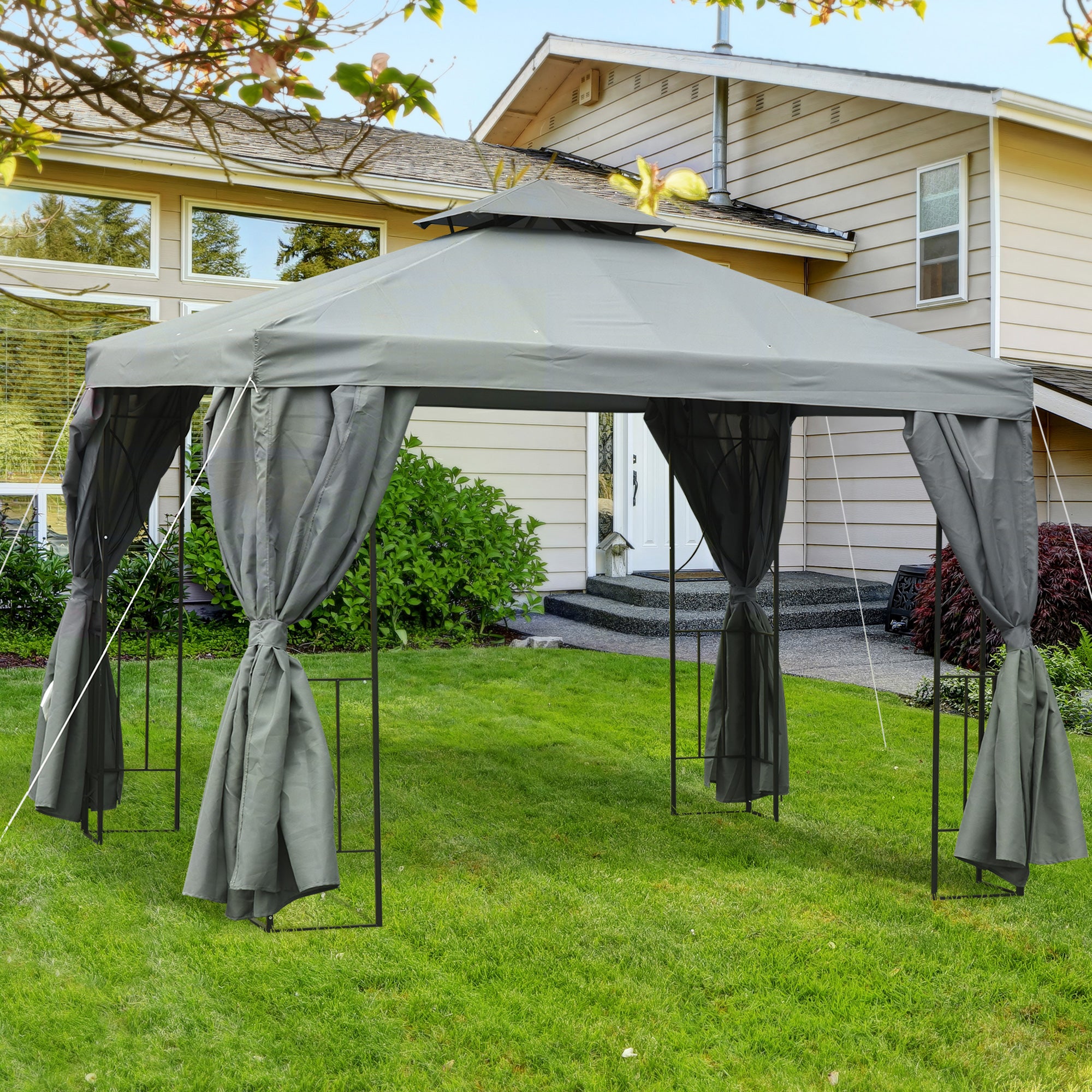 Outsunny 3 x 3 m Garden Gazebo Double Roof Marquee Patio Wedding Party Tent Canopy Shelter with Sidewalls, (Dark Grey) 