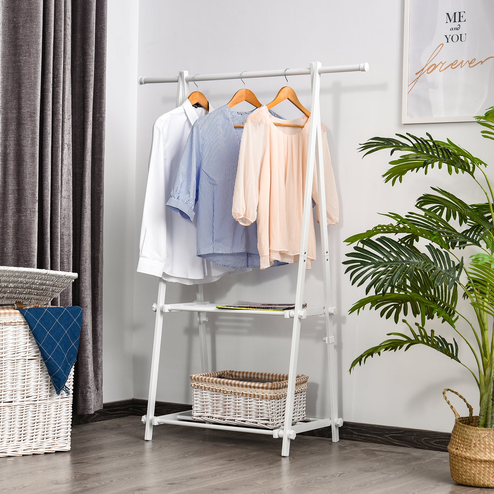 HOMCOM Minimalist Foldable Adjustable Clothes Rack Hanger w/ 2 shelves 107.5L x 45W x 150H cm Hallway Entryway Furniture - White 