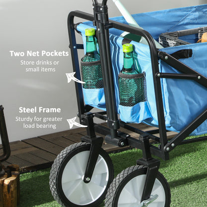Outsunny 90L Folding Garden Trolley Cart Pull Along Wagon with Telescopic Handle for Beach Camping Festival - Blue 