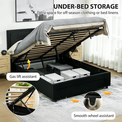 HOMCOM Double Ottoman Bed Frame, with Front Drawer - Black