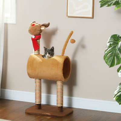 PawHut 98cm Deer-Designed Cat Tree with Scratching Posts, Toy Ball, Tunnel, Brown 