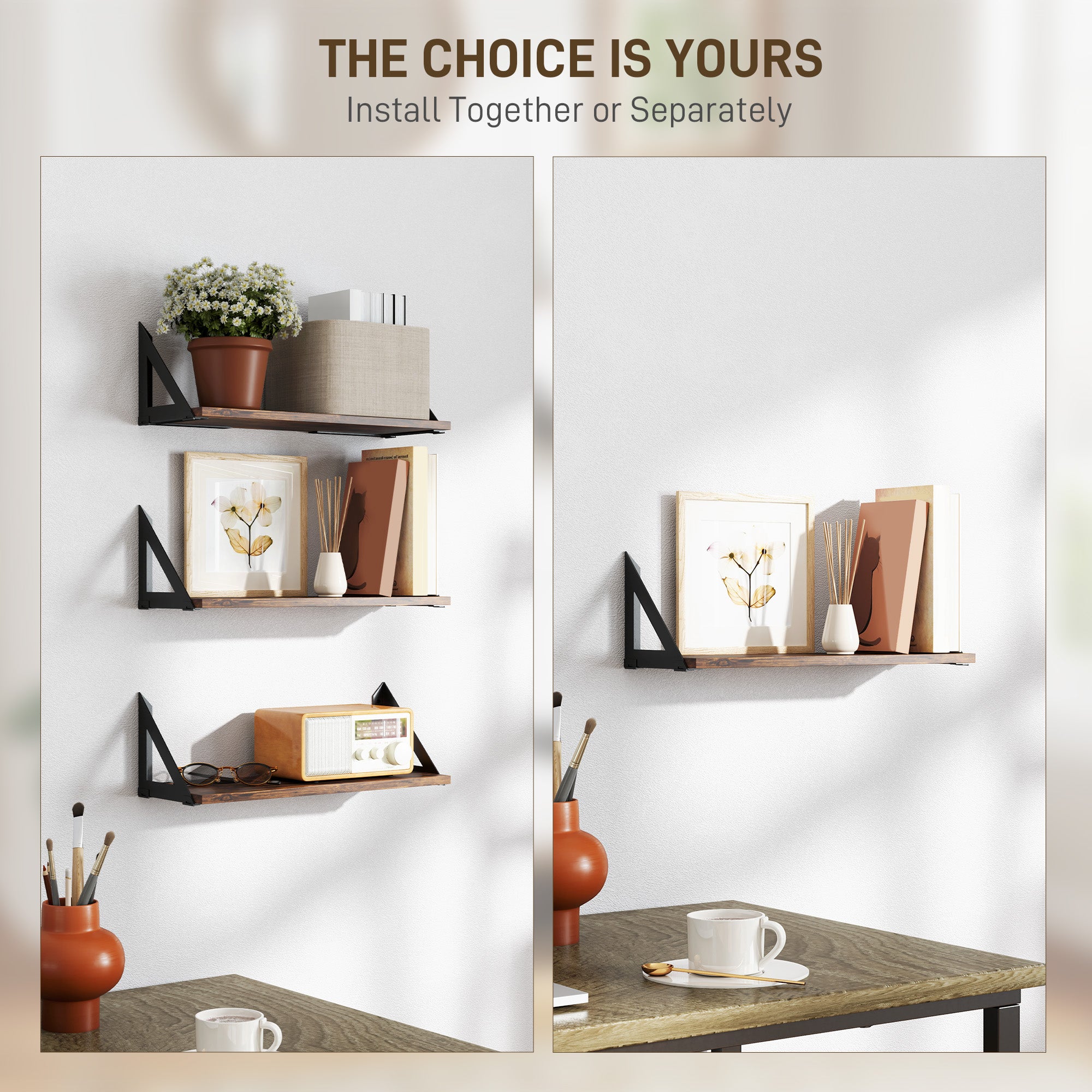 HOMCOM Set of 3 Wall Shelves, Vintage Wall Mounted Floating Shelves for Living Room, Entryway, Bedroom, Rustic Brown