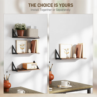 HOMCOM Set of 3 Wall Shelves, Vintage Wall Mounted Floating Shelves for Living Room, Entryway, Bedroom, Rustic Brown 