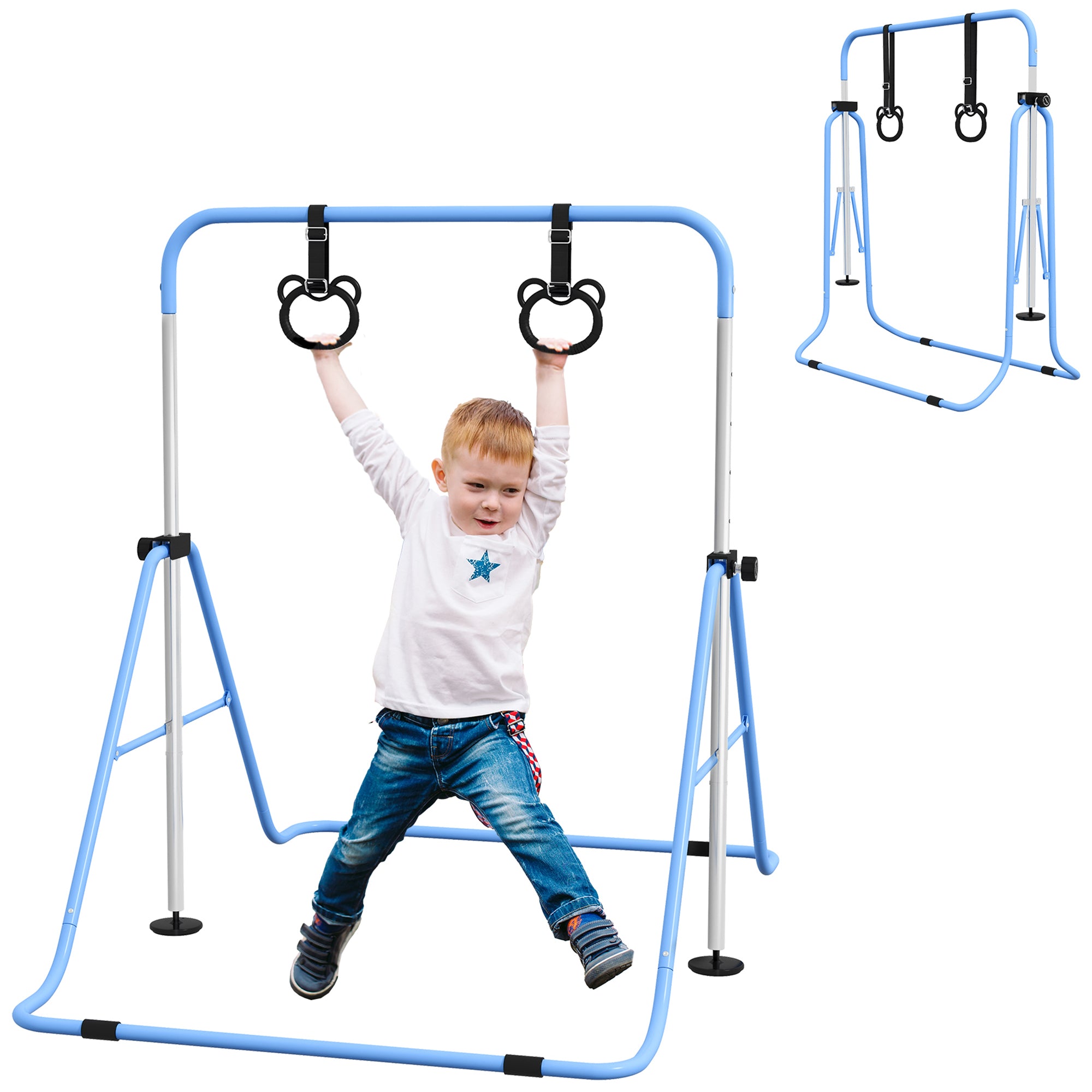 HOMCOM Adjustable Height, Foldable Kids Gymnastics Bar w/ Non-Slip Mats, for 3+ Years, Blue 