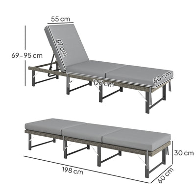 Outsunny Single Folding Rattan Sun Lounger, with Cushion - Grey 