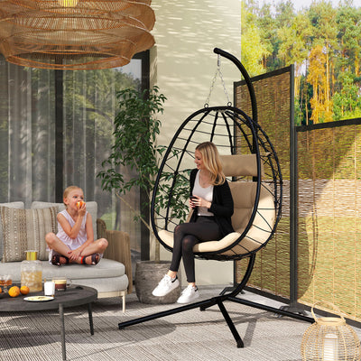 Outsunny Hanging Egg Chair Outdoor Indoor Garden Swing Chair with Folding Basket, Thickened Cushion, Garden Hanging Chair with Stand, Headrest for Patio, Balcony, Khaki 