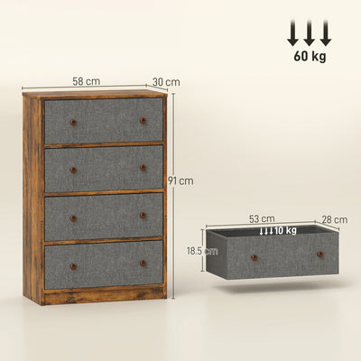 HOMCOM Chest of Drawers, Dresser with 4 Fabric Drawers - Grey and Rustic Brown 