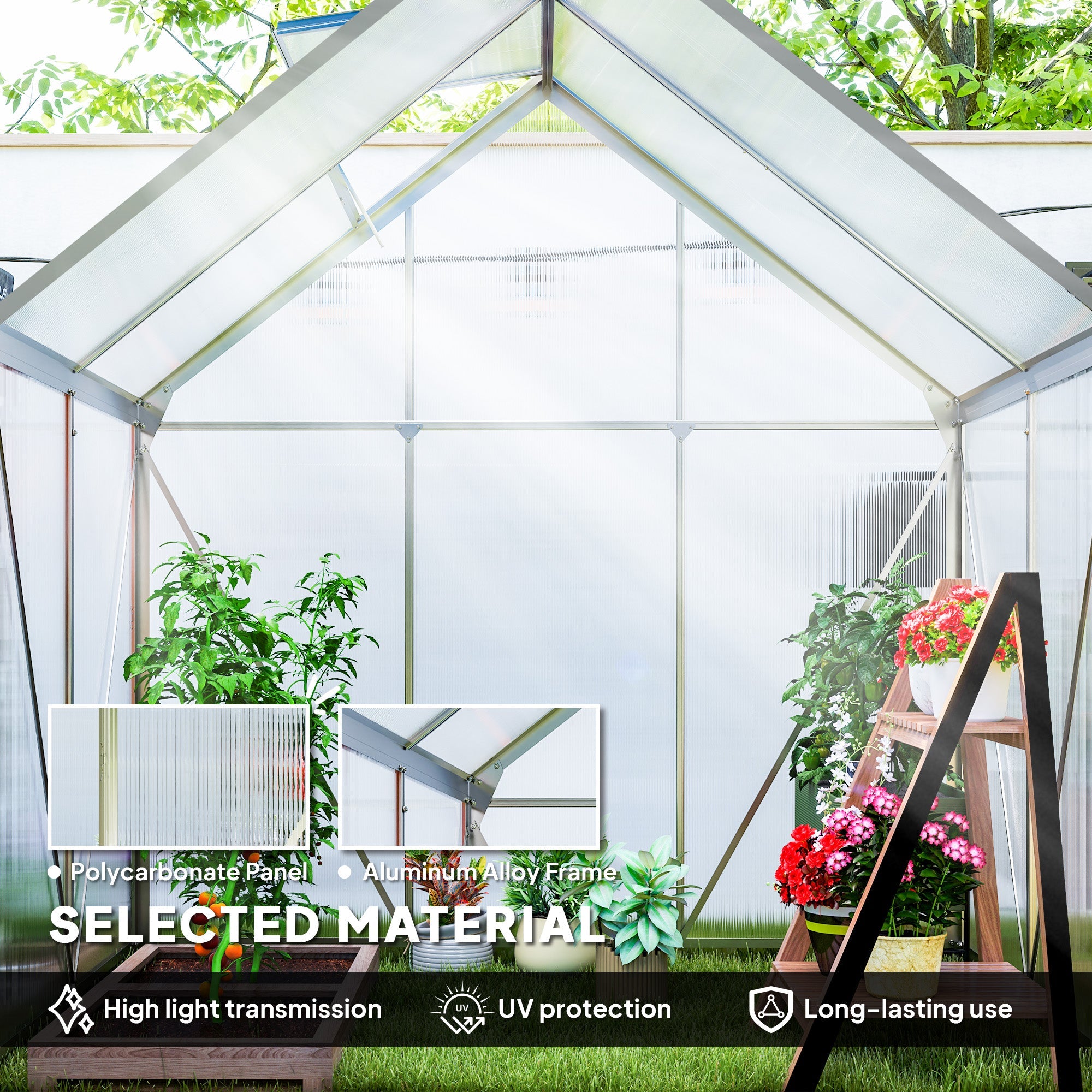 Outsunny 192.5 x 131cm Walk-In Polycarbonate Greenhouse - Silver-Tone 