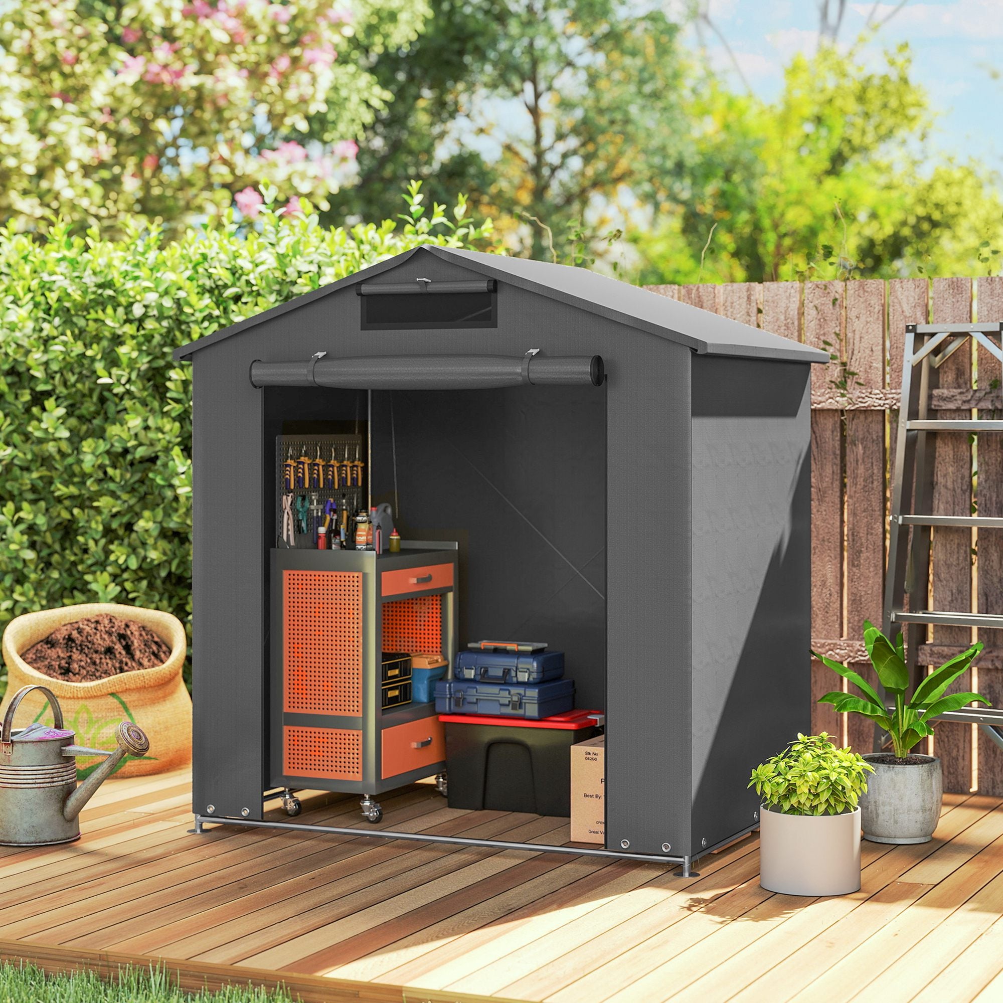 Outsunny 6 x 4 ft Outdoor Garden Storage Shed, Waterproof Bike Tent with Vent and Roll-Up Zipper Door 