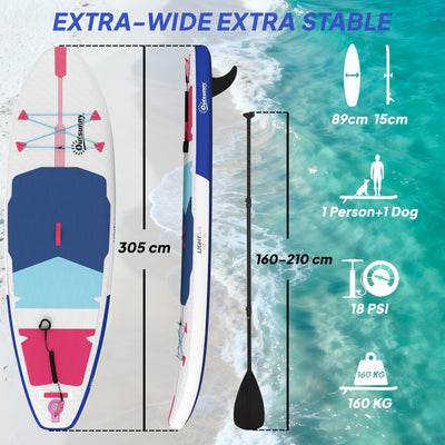 Outsunny Inflatable Stand Up Paddle Board, 305x89x15cm Extra-Wide SUP with Non-Slip EVA Deck, Adj Aluminum Paddle 