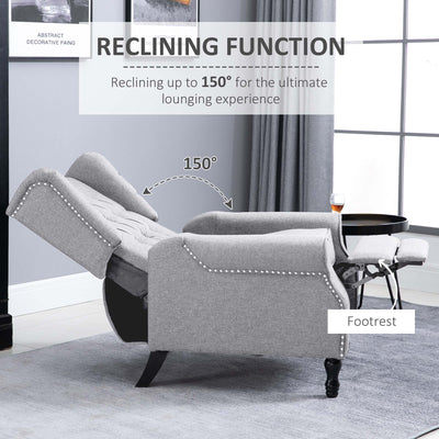 HOMCOM Recliner Armchair, Vintage Reclining Chair with Nail Head Trim, Wingback Chair with Button Tufted Back and Footrest, for Living Room, Light Grey 