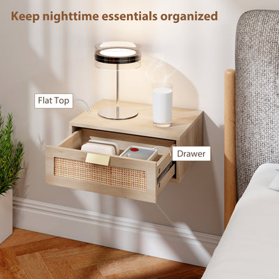 HOMCOM Floating Bedside Tables Set of 2, Wall Mounted Bedside Cabinets with Rattan Drawer and Wood Effect, Oak 