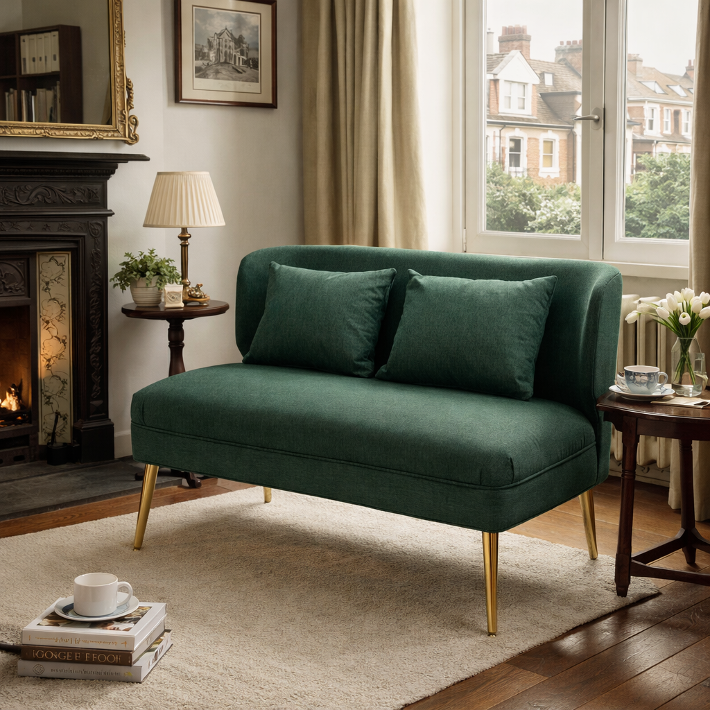HOMCOM 2 Seater Sofa, Linen-look Fabric Small Sofa with Wing Back, Thick Seat, Metal Legs, Dark Green 