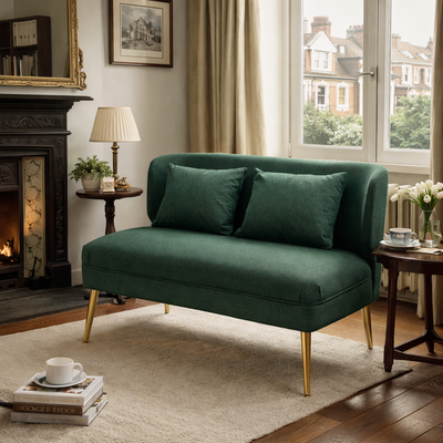 HOMCOM 2 Seater Sofa, Linen-look Fabric Small Sofa with Wing Back, Thick Seat, Metal Legs, Dark Green 