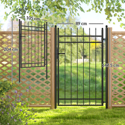 Outsunny Galvanised Steel Garden Gate, Outdoor Fence Gate Security Barrier with Lock, Keys and Handle, Outdoor Entrance Way Door with Classic Finials, 105 x 204 cm, Black 