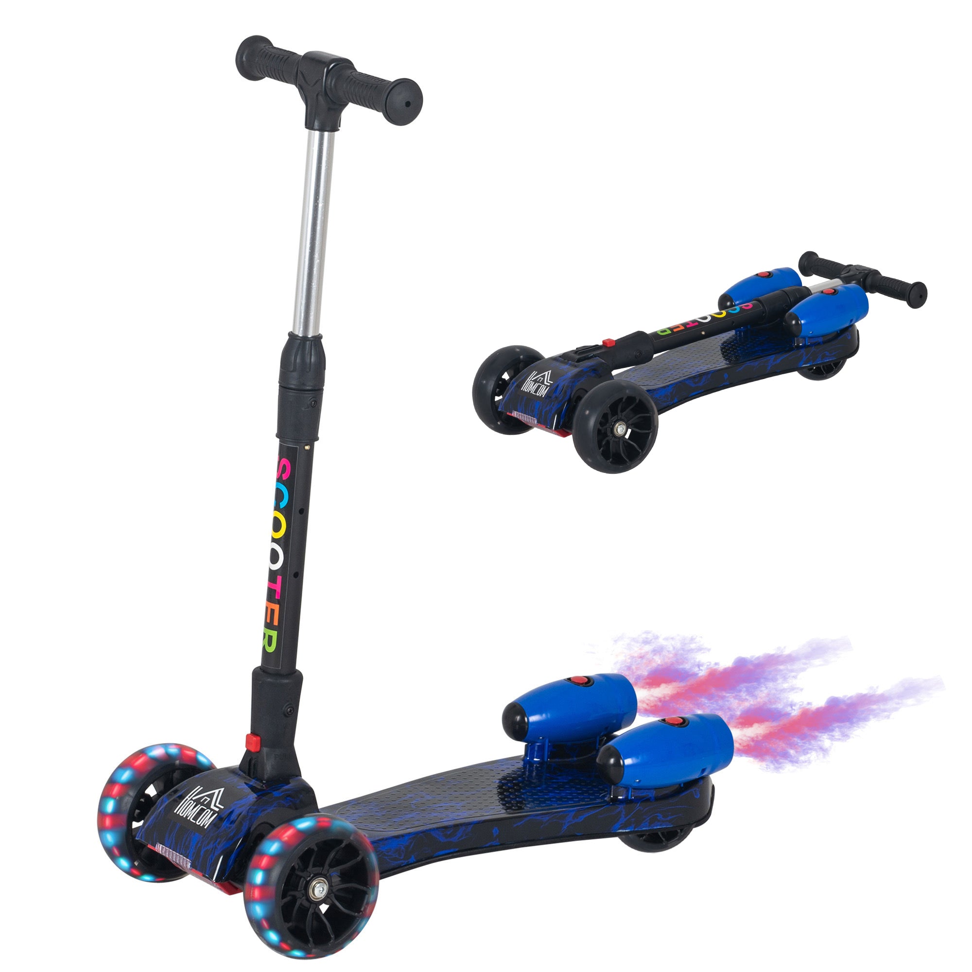 HOMCOM Kids Scooter, 3 Wheel Foldable Kick Scooter Adjustable Height w/ Flashing Wheels, Music, Water Spray for 3-6 Years, Blue 