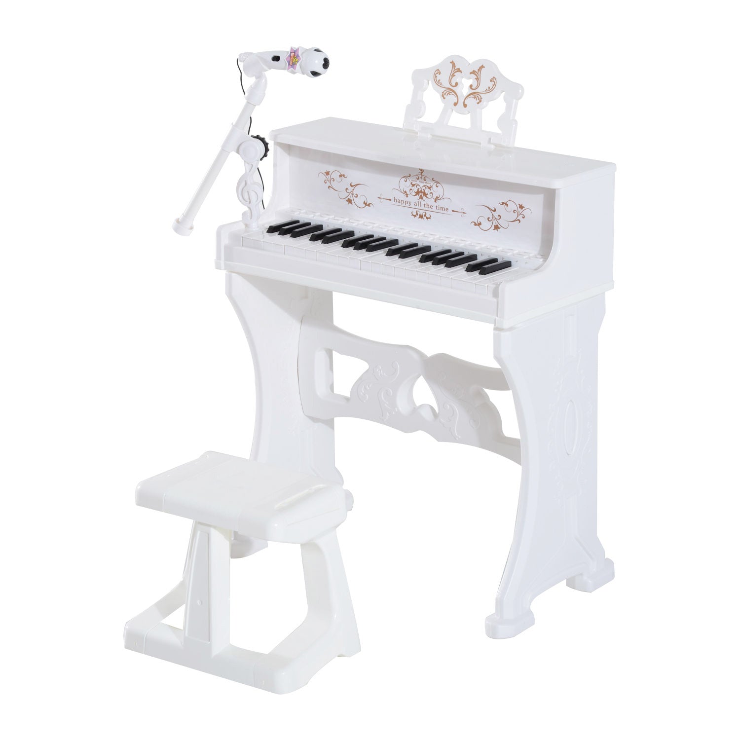 HOMCOM 37 Keys Kids Piano Mini Electronic Keyboard Light Kids Musical Instrument Educational Game Children Grand Piano Toy Set w/Stool & Microphone & Music Stand (White) 