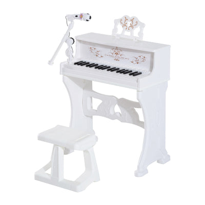 HOMCOM 37 Keys Kids Piano Mini Electronic Keyboard Light Kids Musical Instrument Educational Game Children Grand Piano Toy Set w/Stool & Microphone & Music Stand (White) 