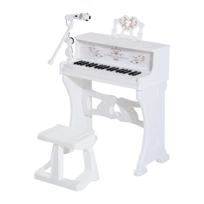 HOMCOM 37 Keys Kids Piano Mini Electronic Keyboard Light Kids Musical Instrument Educational Game Children Grand Piano Toy Set w/Stool & Microphone & Music Stand (White) 