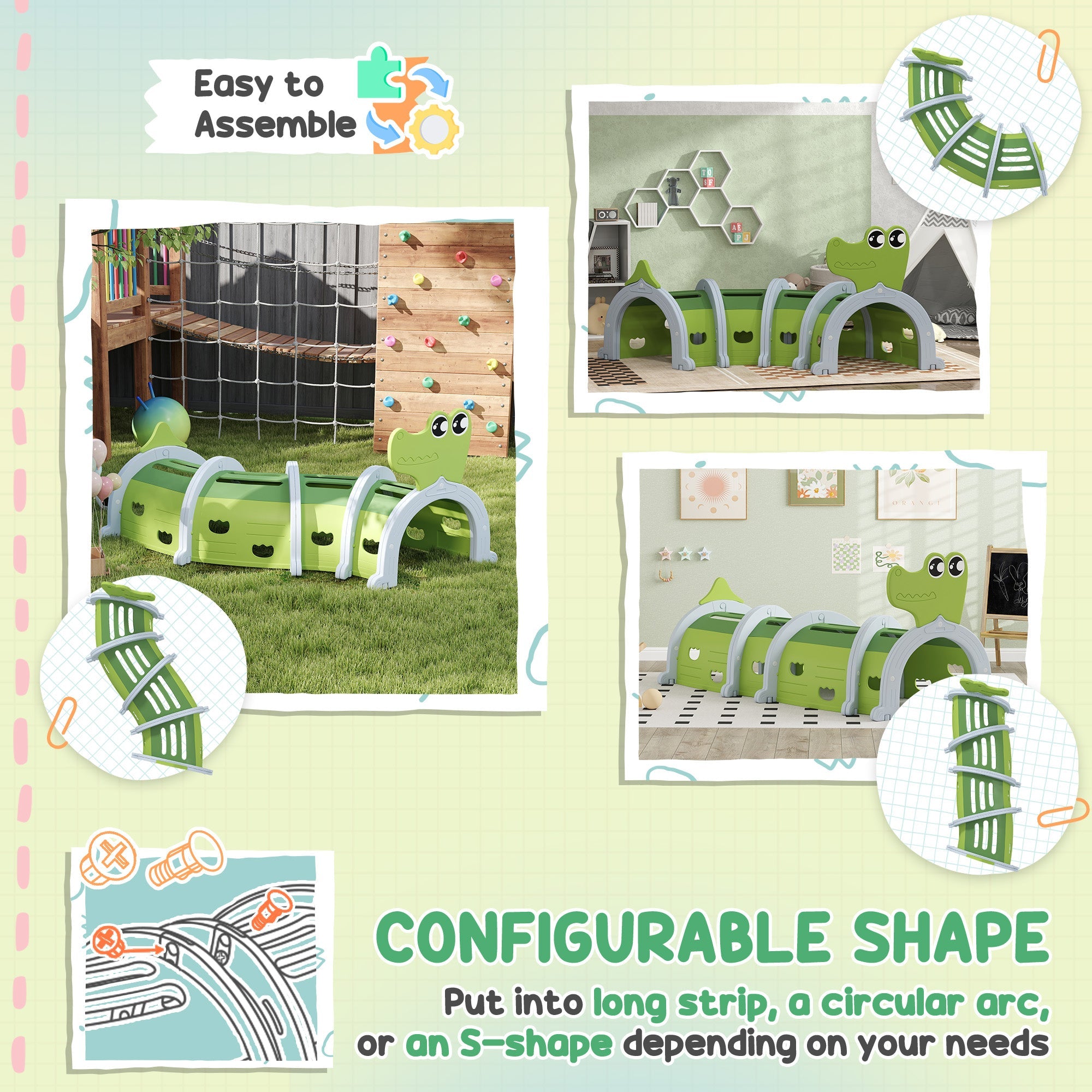 AIYAPLAY Crocodile Design Kids Play Tunnel for Ages 3-6 Crawl and Climb 