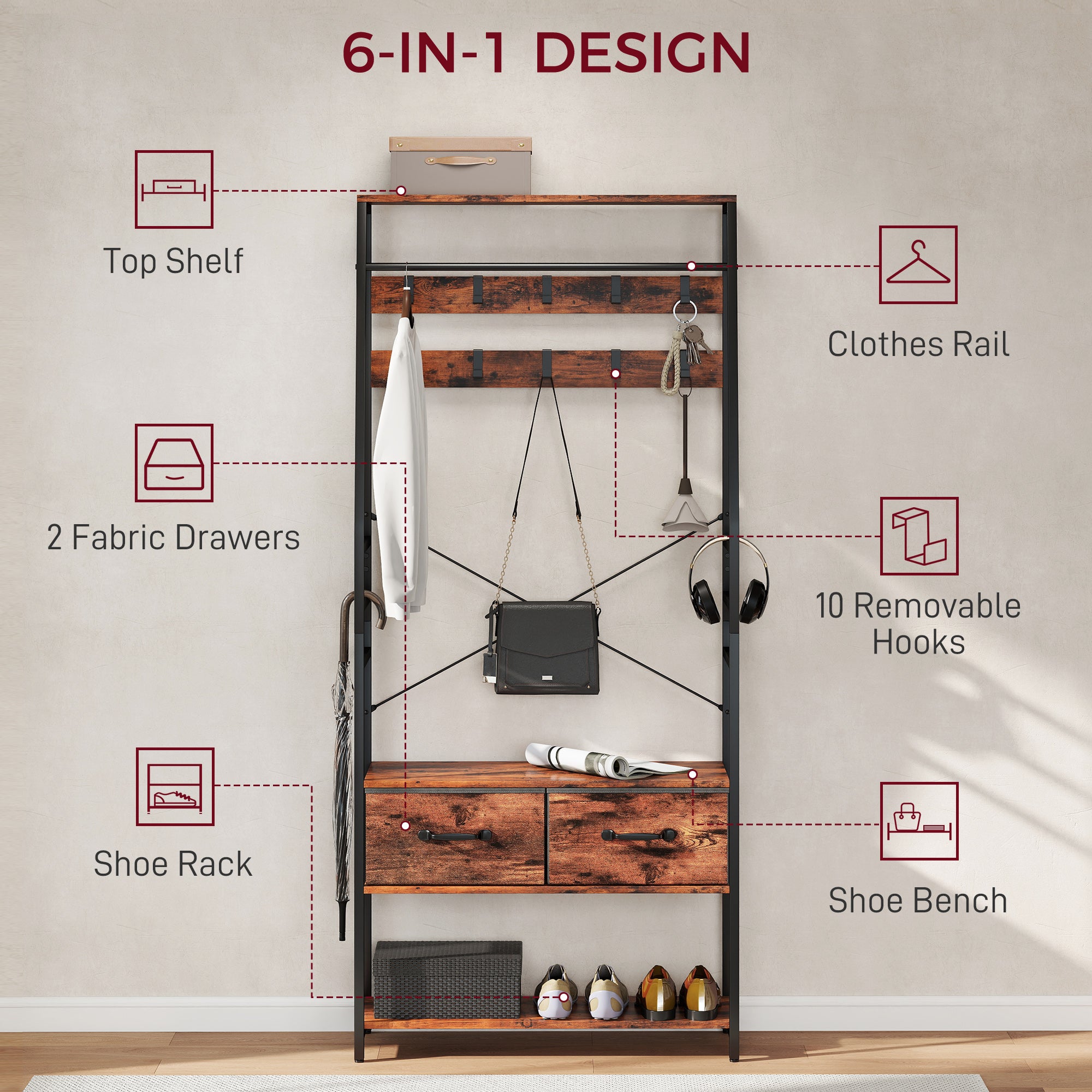 HOMCOM 6-in-1 Industrial-Style Hallway Organiser - Brown/Black 