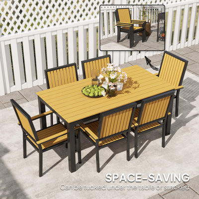 Outsunny 6 Seater Garden Dining Set with Stackable Chairs, Aluminium Frame, Rectangular Plastic Top, Garden Furniture Set, Outdoor Dining Table and Chairs for Patio, Balcony, Poolside, Nature Wood 