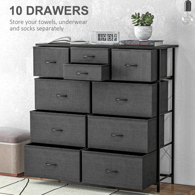 HOMCOM Bedroom Chest of Drawers, 10 Drawer Dresser with Foldable Fabric Drawers and Steel Frame, Black 